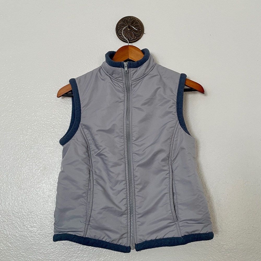 Prana Womens Gray Puffer Vest Blue Fleece Trim Full Zip Mock Neck Activewear